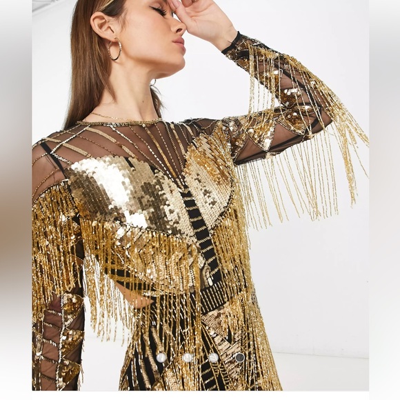 ASOS EDITION sequin and fringe artwork long sleeve bodycon midi